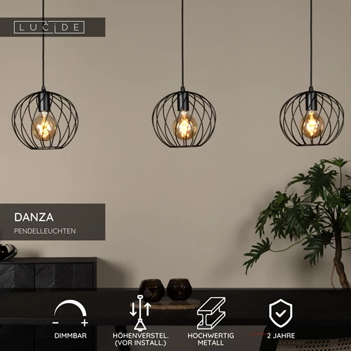 Lucide DANZA - Pendelleuchten - 3xE27 - Schwarz - USP